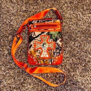 camo and orange shoulder length purse